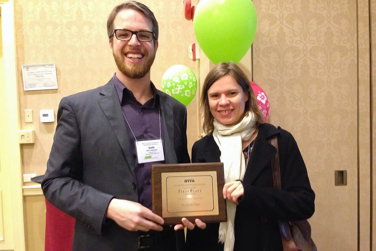 New York Epoch Times staff, Design Director Seth Holehouse, and Managing Editor Charlotte Cuthbertson.